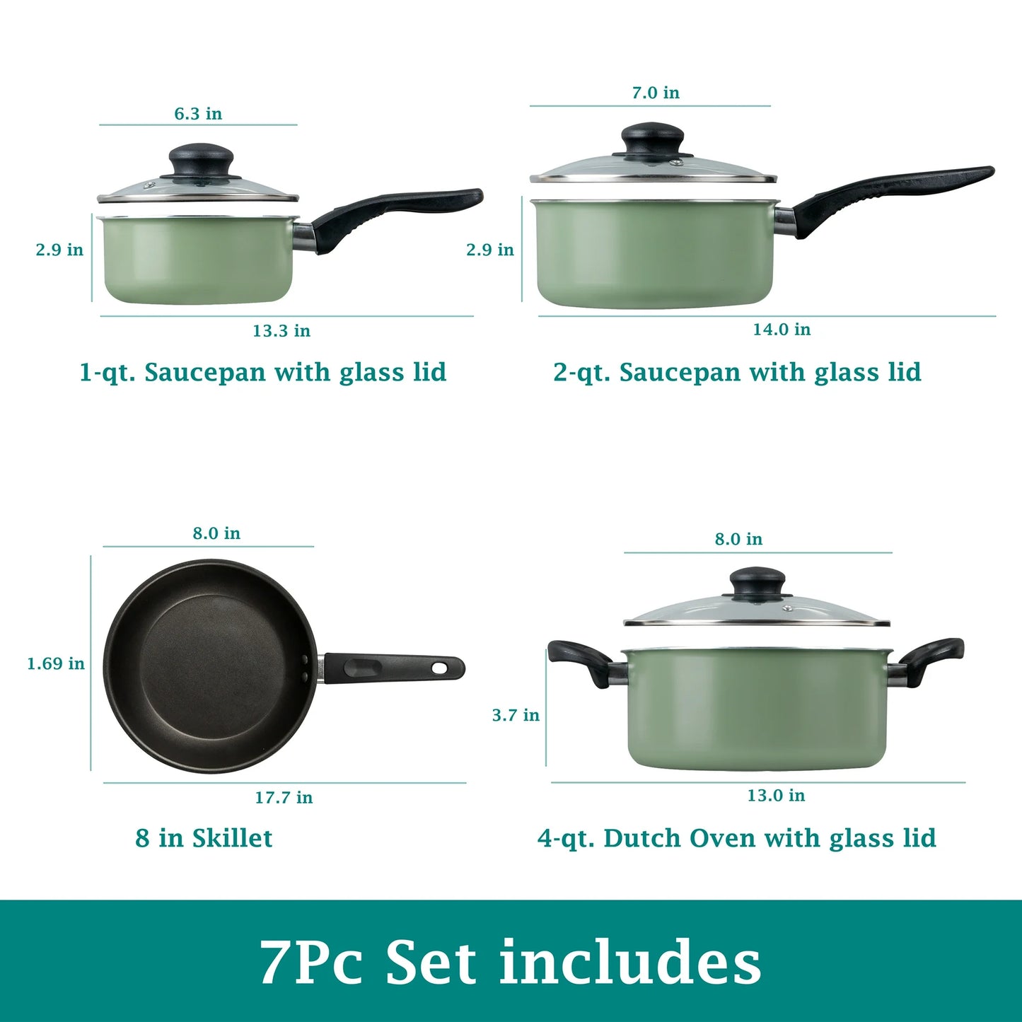 7-Piece Nonstick Aluminum Cookware Set, Green