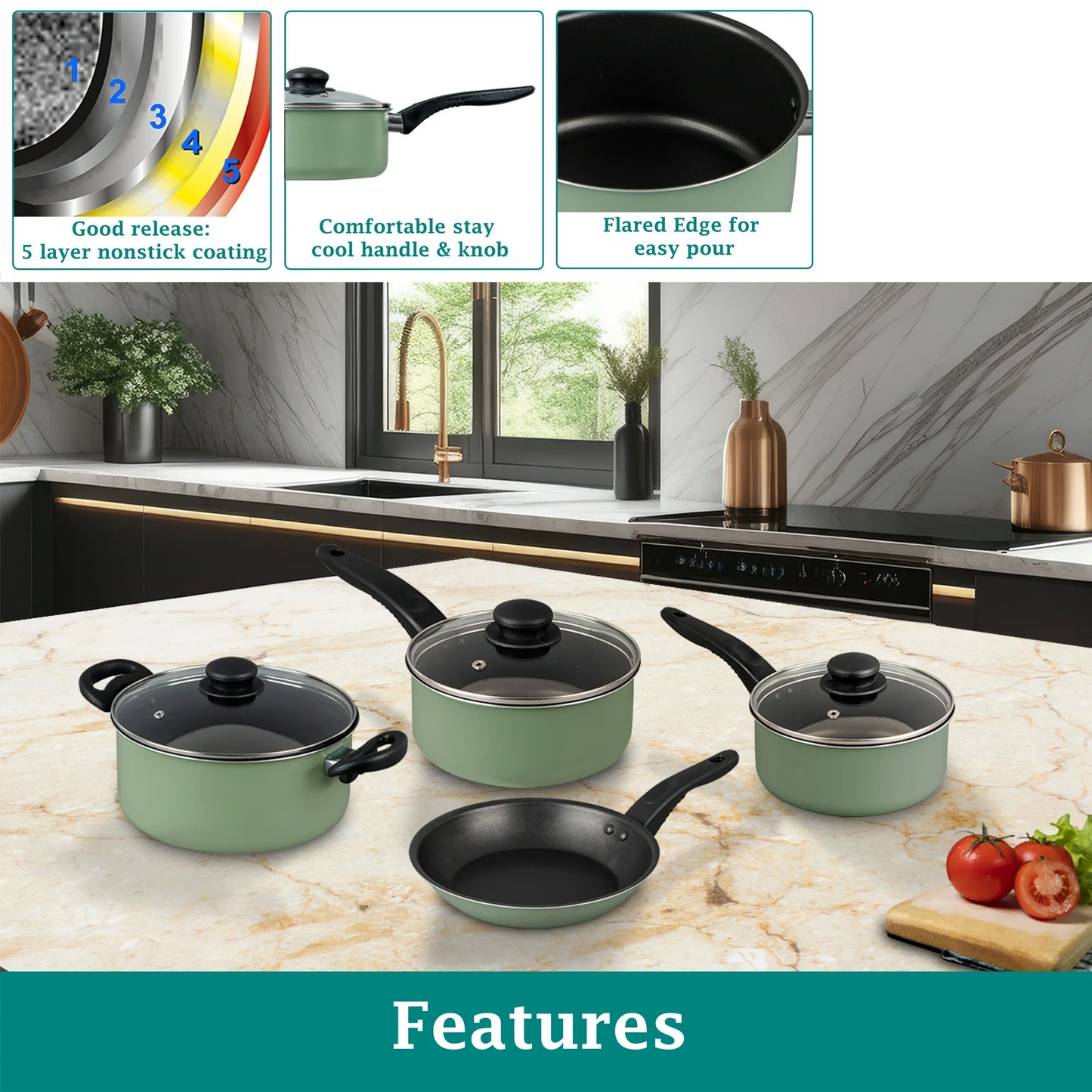 7-Piece Nonstick Aluminum Cookware Set, Green