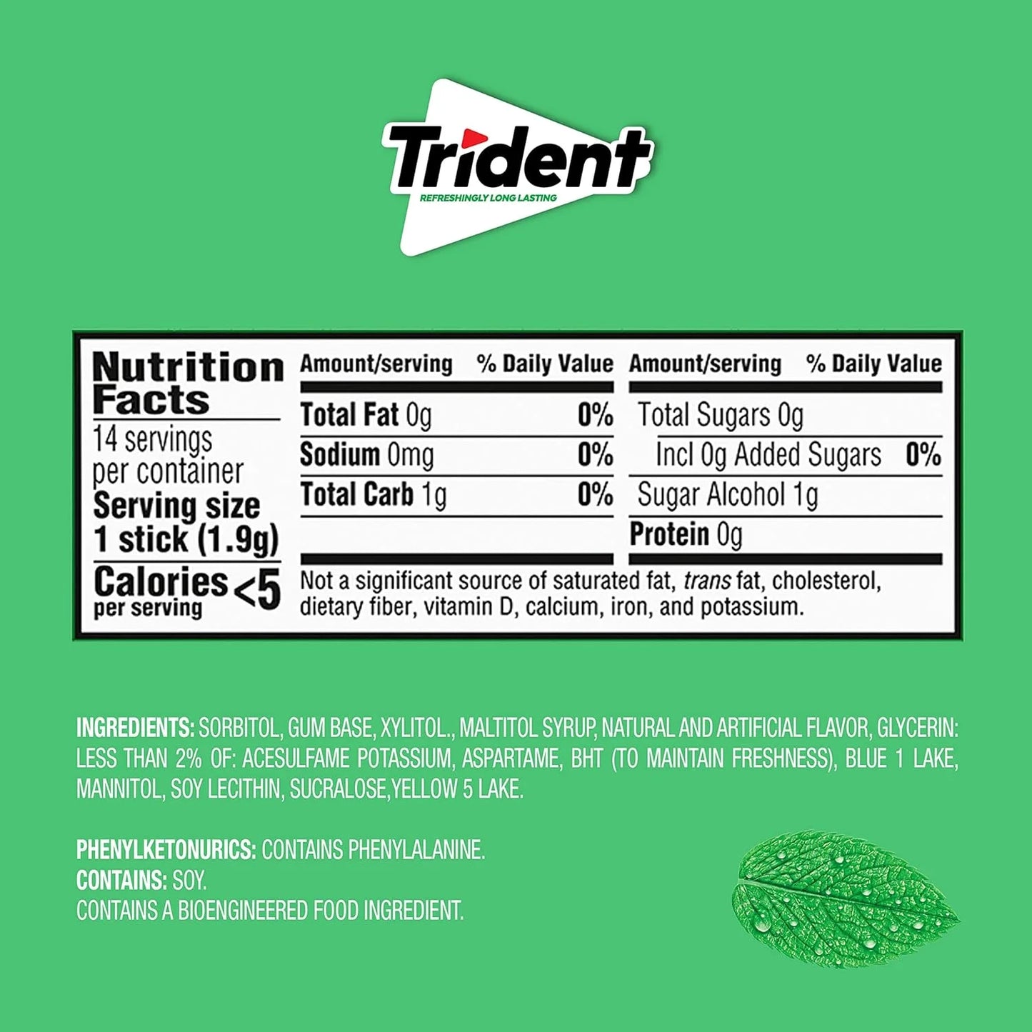Trident Sugar Free Gum, Spearmint, 3 Packs of 14 Regular Size Pieces (42 Total Pieces)