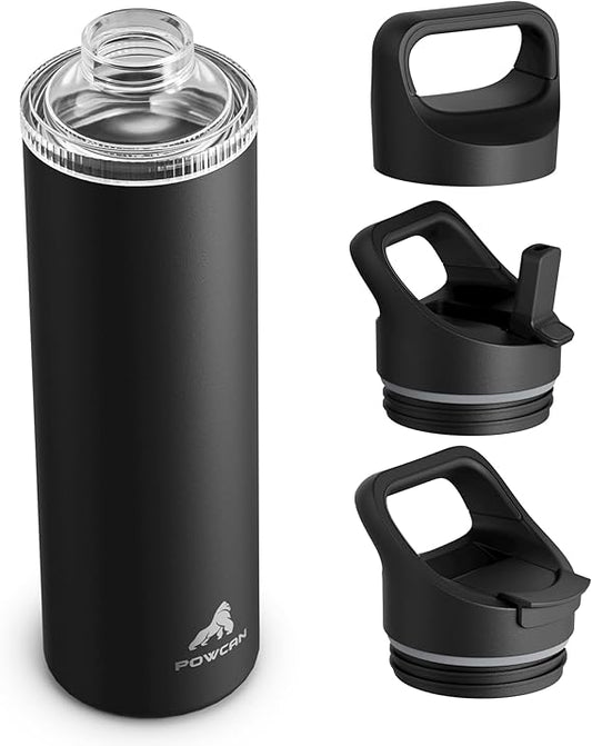 24 oz Insulated Water Bottle for Sports: 3 Lids, Leakproof, Keep Cold 24H