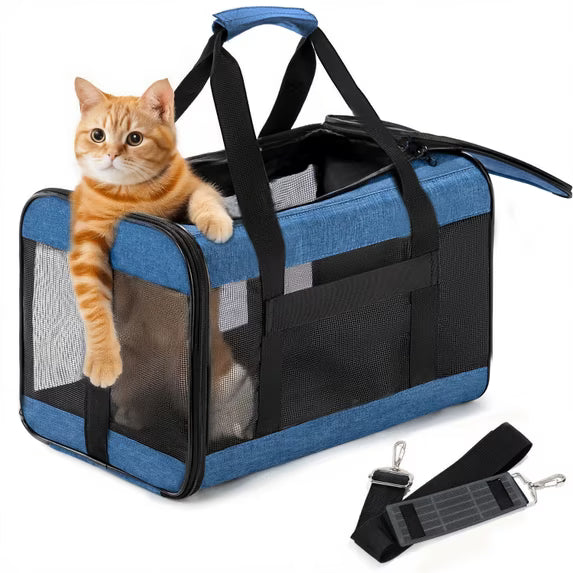 Cat Carrier, Foldable Soft-Sided Large Cat Carrier, Blue